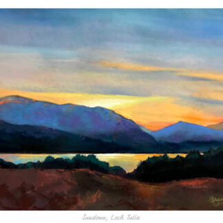 A painting of a sunset over Loch Tulla with vivid colors and mountains silhouetted against a sky streaked with orange and blue hues. By Margaret Evans