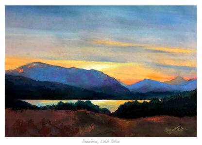 A painting of a sunset over Loch Tulla with vivid colors and mountains silhouetted against a sky streaked with orange and blue hues. By Margaret Evans