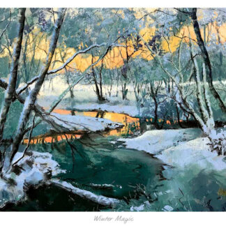 A painting depicting a serene winter landscape with snow-covered ground, bare trees, and a creek running through. By Margaret Evans