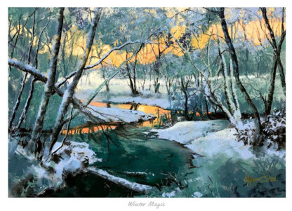 A painting depicting a serene winter landscape with snow-covered ground, bare trees, and a creek running through. By Margaret Evans