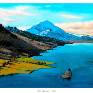 A vibrant painting depicts a scenic landscape with a snow-capped mountain overlooking a river and lush green banks under a blue sky. By Margaret Evans