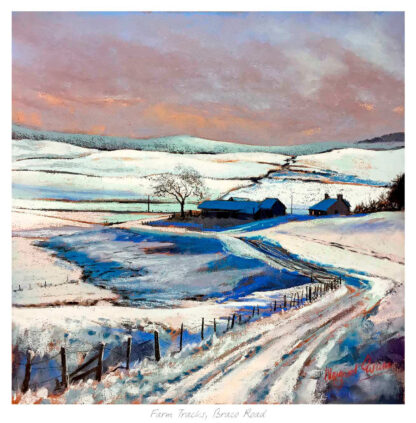 A colorful painting of a snowy landscape with a farm, tracks leading to it, and a dusky sky. By Margaret Evans