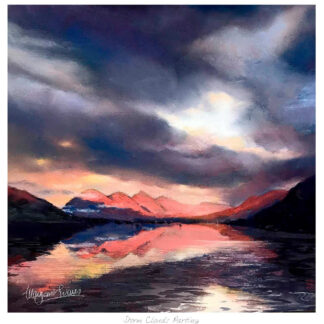 The image displays a vibrant painting of a landscape with a sunset reflecting on water under a stormy sky with parting clouds. By Margaret Evans