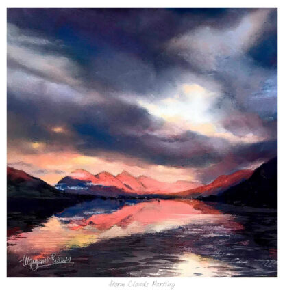 The image displays a vibrant painting of a landscape with a sunset reflecting on water under a stormy sky with parting clouds. By Margaret Evans