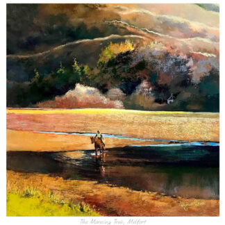 A painting of a figure walking through a vividly colored landscape with water, under a dramatic sky. By Margaret Evans