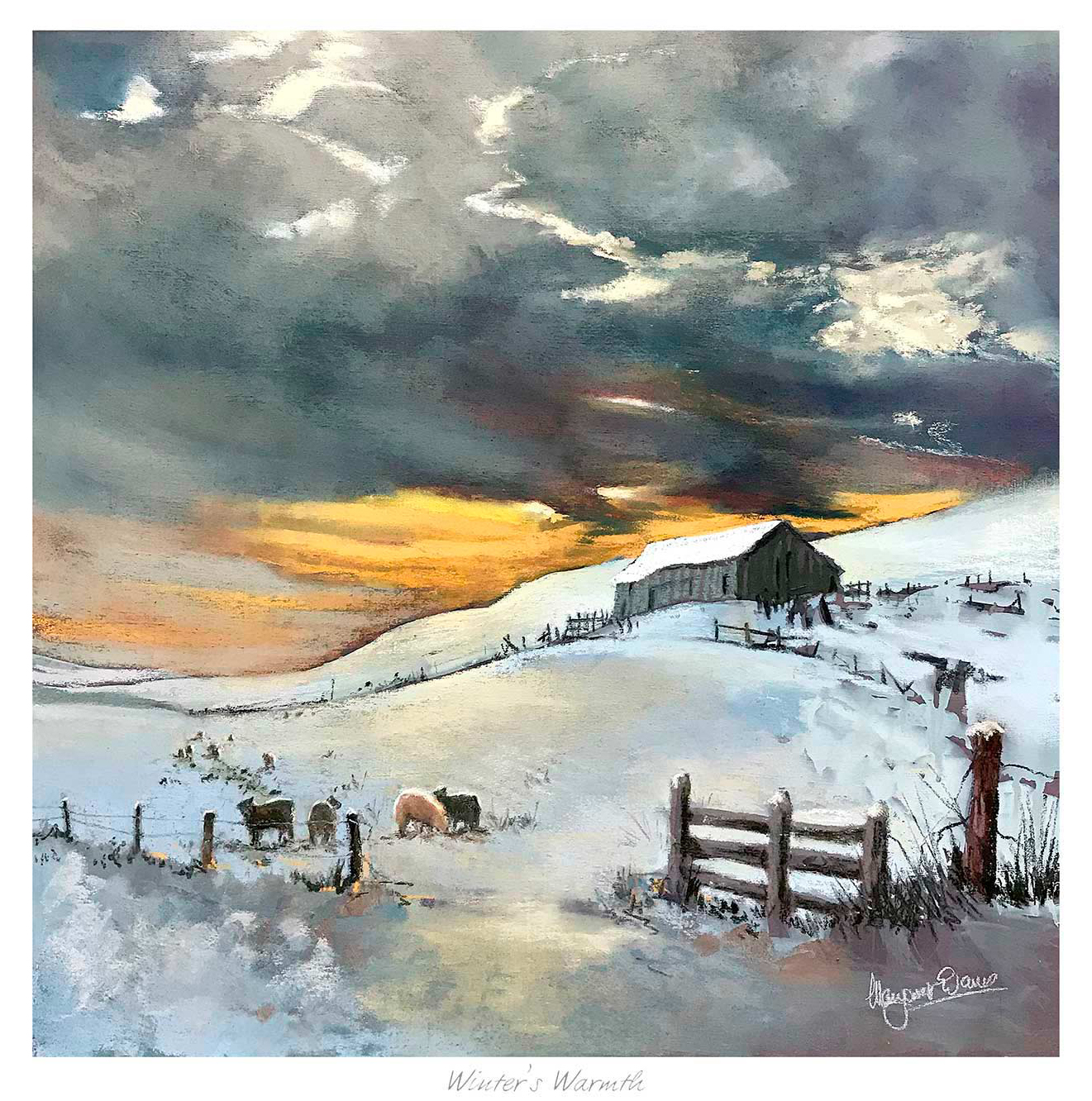 A painting of a rural winter scene with sheep, a barn, and a dramatic sky, By Margaret Evans