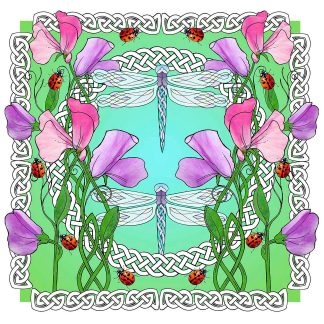 A symmetrical illustration featuring pink flowers, green leaves, ladybugs, and Celtic knot patterns on a cyan background.