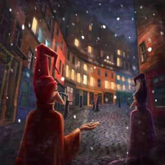 A whimsical illustration depicting two figures in distinctive hats on a cobblestone street with floating lights and multiple onlookers in a mystical evening setting. By Matylda Konecka