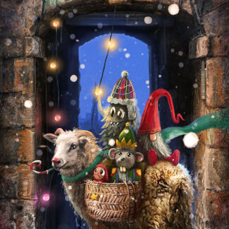 A whimsical illustration of a sheep carrying a basket with festive creatures, standing in a snowy alley under a sign that reads 'Advocate's Close.' By Matylda Konecka