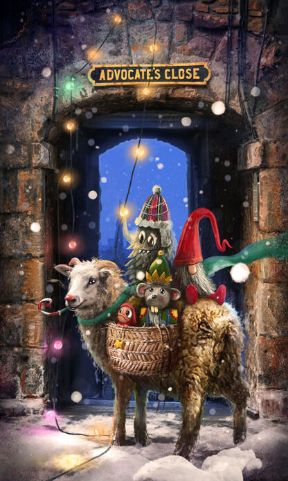 A whimsical illustration of a sheep carrying a basket with festive creatures, standing in a snowy alley under a sign that reads 'Advocate's Close.' By Matylda Konecka