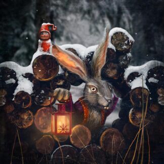 A whimsical illustration of a hare in a winter scene holding a lantern with a small creature on top of its head. By Matylda Konecka