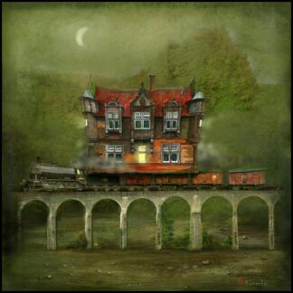 A whimsical illustration of a house atop a bridge with a train passing below, set in an atmospheric forest scene under a crescent moon. By Matylda Konecka