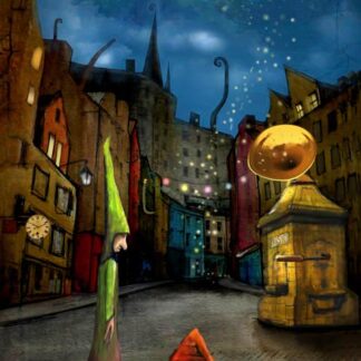 A whimsical, colorful street scene with stylized buildings, a large trumpet-like object, and quirky characters under a starlit sky. By Matylda Konecka