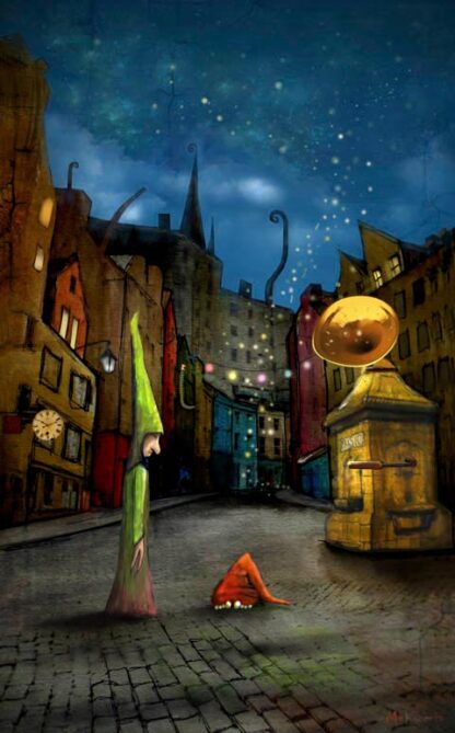 A whimsical, colorful street scene with stylized buildings, a large trumpet-like object, and quirky characters under a starlit sky. By Matylda Konecka