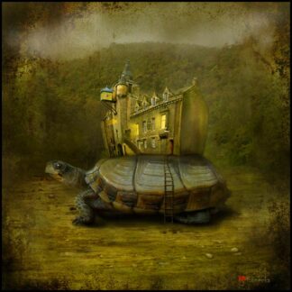 A digital artwork of a turtle with a castle on its back amidst a misty, forested background. By Matylda Konecka