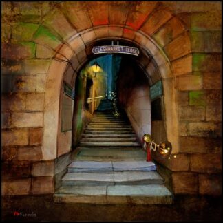 The image depicts an illustrated scene of a whimsical character playing a trumpet on a stairway under a stone archway with a sign reading 'Fleshmarket Close.' By Matylda Konecka