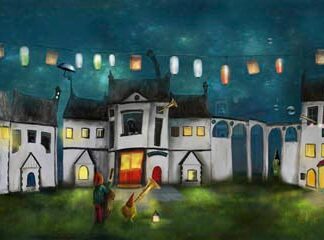 A whimsical painting of a quaint, old-time village street at night, illuminated by lanterns floating in the sky. By Matylda Konecka