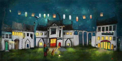 A whimsical painting of a quaint, old-time village street at night, illuminated by lanterns floating in the sky. By Matylda Konecka