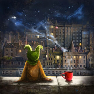 An illustration of a creature with pointy ears sitting and looking at a starry night sky over an old cityscape, with a red cup beside it. By Matylda Konecka