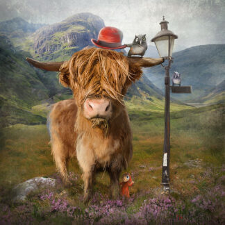 A Highland cow with a red hat and birds on a yoke stands by a lamppost and bucket, with a Scottish landscape in the background. By Matylda Konecka