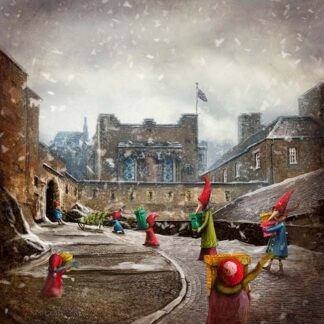 A whimsical painting of figures with red cloaks and pointy hats in a snow-covered courtyard, with a castle and a flying flag in the background. By Matylda Konecka