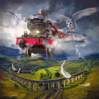 An imaginative painting of a vintage steam train flying through the air on a cloudy day, with surreal elements including floating barn owls and a landscape below. By Matylda Konecka