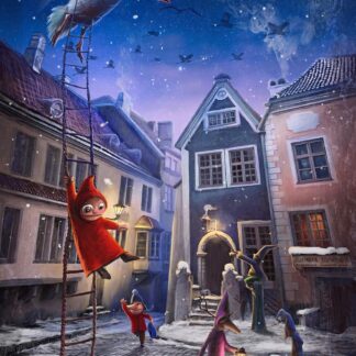 A whimsical artwork depicting a character in a red cloak climbing a ladder with onlookers in a snowy, lantern-lit, cobblestone street as a seagull flies overhead. By Matylda Konecka