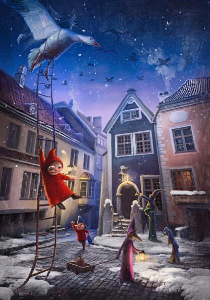 A whimsical artwork depicting a character in a red cloak climbing a ladder with onlookers in a snowy, lantern-lit, cobblestone street as a seagull flies overhead. By Matylda Konecka