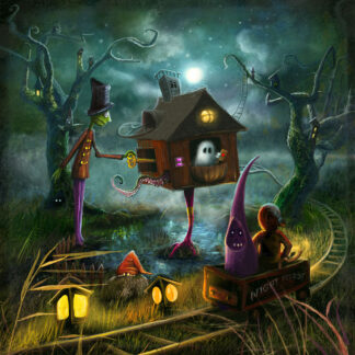A whimsical illustration of a nighttime Halloween scene with animated spooky characters, a house on a tree, and a child in a pumpkin-headed cart. By Matylda Konecka