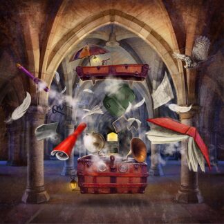 A whimsical illustration depicts magical objects and paper sheets swirling around a chest in an enchanted, gothic-style library setting. By Matylda Konecka