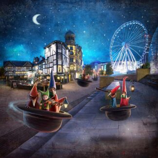 Animated gnomes in magical spinning teacups in a whimsical nighttime cityscape with a ferris wheel and crescent moon. By Matylda Konecka