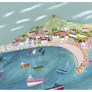 The image shows a colorful illustration of a coastal village with boats in the water and a hill in the background. By Nikki Monaghan