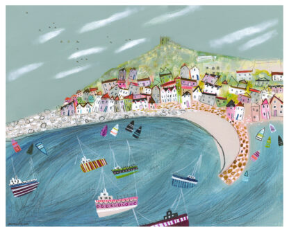 The image shows a colorful illustration of a coastal village with boats in the water and a hill in the background. By Nikki Monaghan