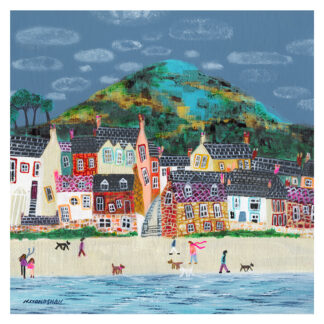 The image depicts a colorful, whimsical painting of a seaside village with people and dogs engaged in various activities against a backdrop of houses and a green hill. By Nikki Monaghan