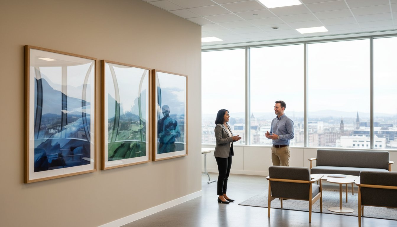 Two people stand and talk in a modern office lounge with large windows, city views, three abstract blue paintings on the wall, and minimalist furniture including chairs and a coffee table.