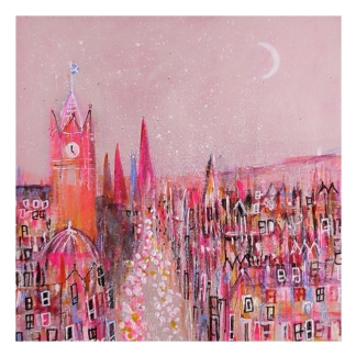A colorful, abstract painting featuring a stylized cityscape with a prominent clock tower under a moonlit sky. By Nikki Monaghan