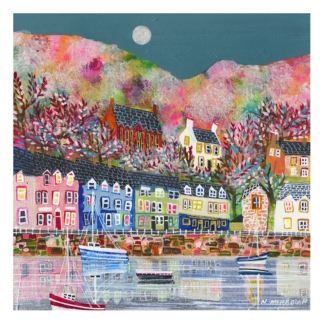 A vibrant, colorful painting of a quaint coastal village with boats on the water and a moonlit sky. By Nikki Monaghan