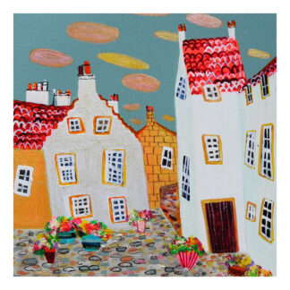 A colorful naive art style painting of whimsical houses with vibrant rooftops and decorative flowers under a sky with patterned clouds. By Nikki Monaghan