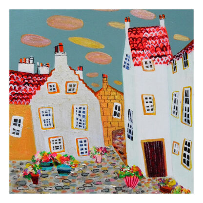 A colorful naive art style painting of whimsical houses with vibrant rooftops and decorative flowers under a sky with patterned clouds. By Nikki Monaghan