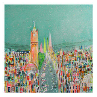 A colorful, abstract painting depicting a cityscape with prominent clock tower and river, reminiscent of Big Ben and the Thames in a whimsical style. By Nikki Monaghan