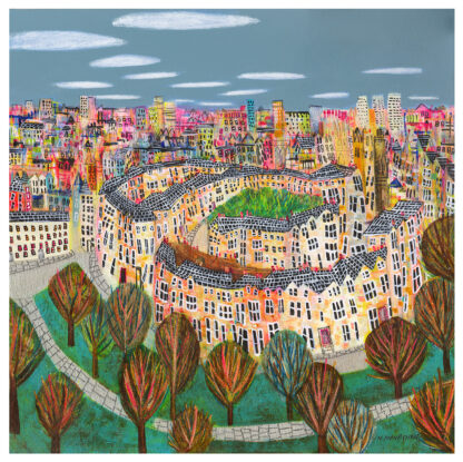 The image depicts a vibrant, colorful illustration of a circular cityscape with buildings surrounded by trees and pathways.By Nikki Monaghan