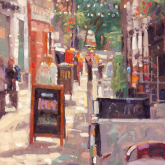 An impressionistic painting of a bustling city street scene with pedestrians, vehicles, and urban architecture. By Peter Foyle