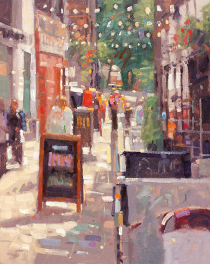 An impressionistic painting of a bustling city street scene with pedestrians, vehicles, and urban architecture. By Peter Foyle