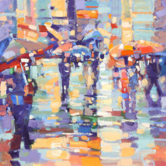An impressionistic painting of people with umbrellas walking on a vibrant, colorful street. By Peter Foyle
