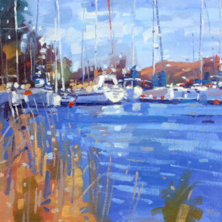 A vibrant painting of a bustling marina with boats and reflections on the water, under a clear blue sky. By Peter Foyle