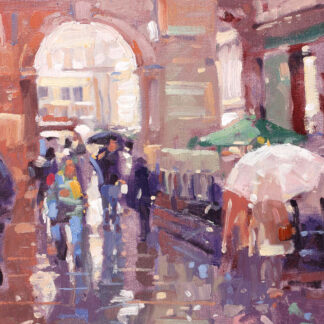 An impressionist-style painting showing people with umbrellas walking on a rainy city street. By Peter Foyle