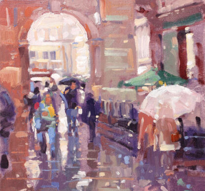 An impressionist-style painting showing people with umbrellas walking on a rainy city street. By Peter Foyle