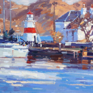 An impressionistic painting of a seaside scene with a lighthouse, buildings, boats, and reflections on the water. By Peter Foyle