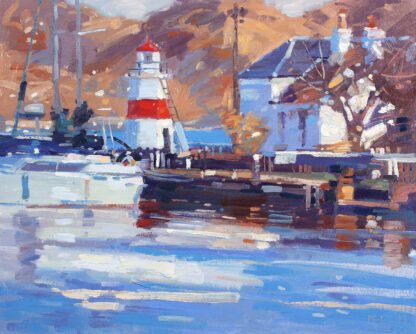 An impressionistic painting of a seaside scene with a lighthouse, buildings, boats, and reflections on the water. By Peter Foyle