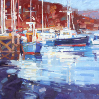 The image is a colorful painting of sailboats docked in a marina with vibrant reflections on the water. By Peter Foyle